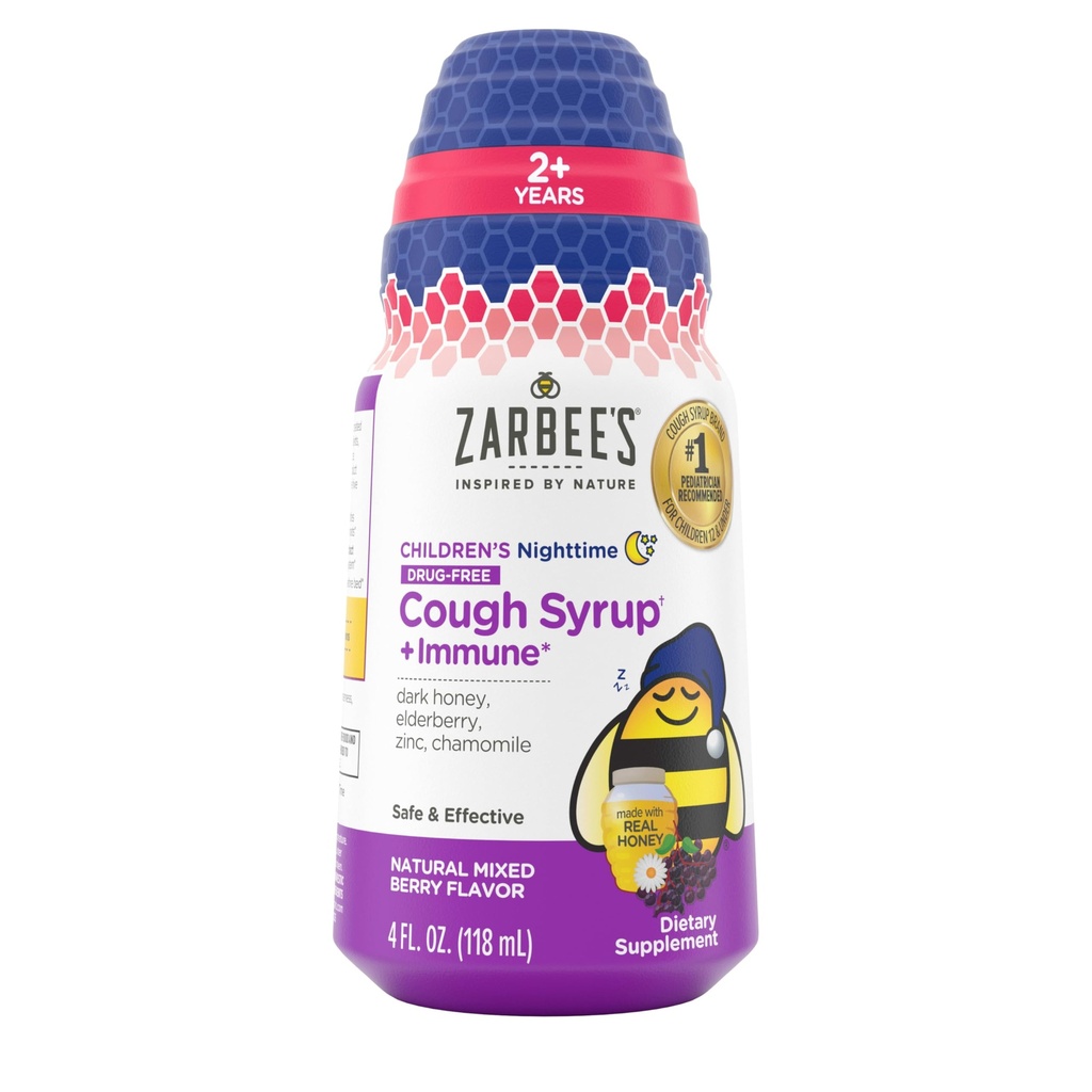Zarbees Kinder-Nacht-Honig Hustensirup + Immun für Kinder 2+, Hustensirup mit beruhigenden dunklen Honig, echte Elderbeere, Vitamin D & Zink, & Kamille, Drug-Free, Mixed Berry, 4 fl. Unze