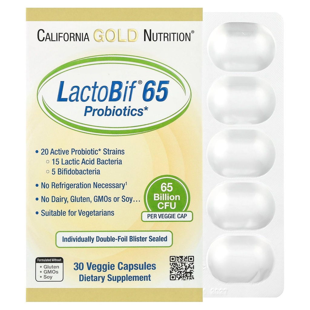 LactoBif Probiotics, 65 Bllion CFU, 20 Active & Clinical Researched Probiotic Strains, Soy-Free, Sugar-Free, Vegetarisch, Individuell Double-Foil Blister Sealed, 30 Veggie Capsules