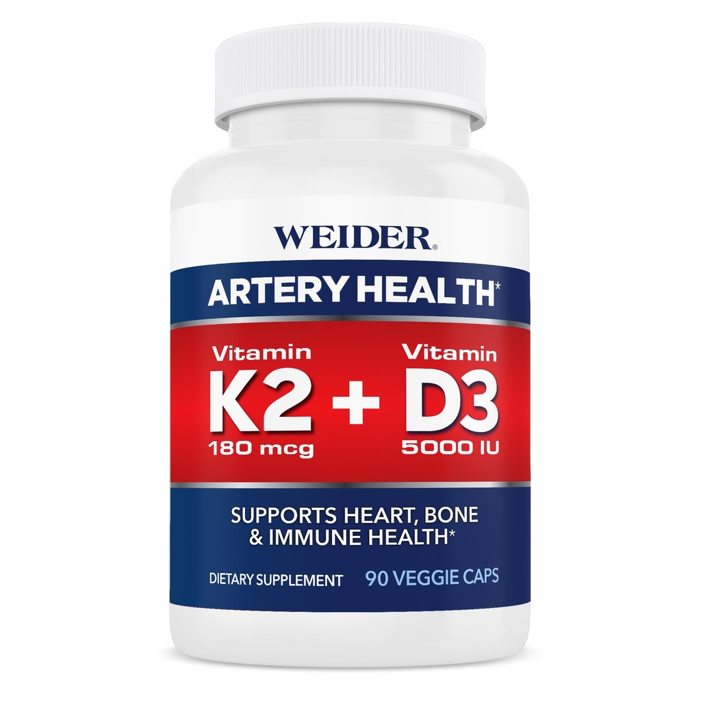 Supplément santé à l'artère de Weider, vitamine K2 (180mcg) et vitamine D3 (5000iu), 90 capsules de légumes