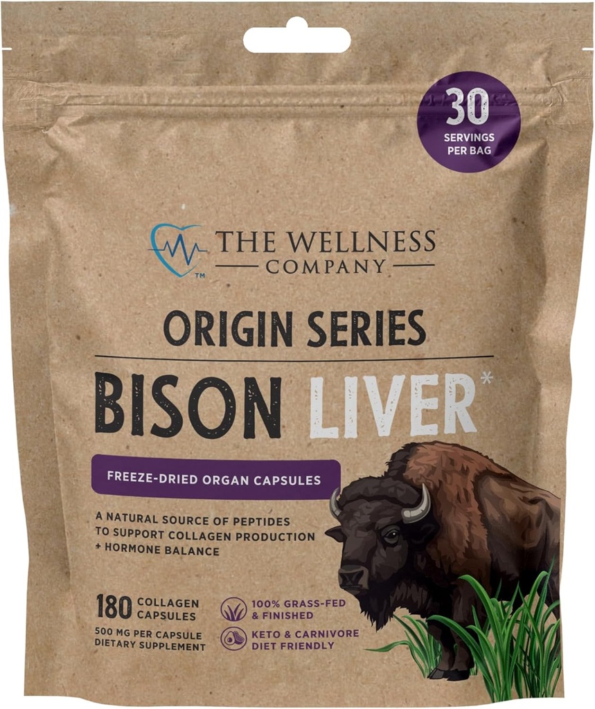 La società di benessere Bison Liver | 180 capsule di collagene (1 mese di fornitura) | 100% erba-Fed Freeze-Dried Organ | Non-GMO, Gluten-Free | Boosts Metabolismo & Supports Collagen Production