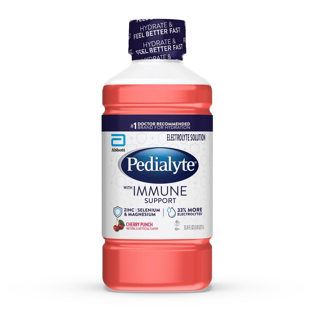 Pedialyte avec solution d'électrolyte de soutien immunitaire, boisson d'hydratation avec zinc, sélénium et magnésium, punch cerise, 1 Litre