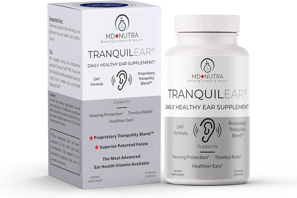 Supplément d'acouphène pour l'oreille Tranquil Ear Health & Tinnitus Ear Surgeon Formulé pour la nutrition globale de l'oreille, le soulagement de l'oreille annulaire et les symptômes d'acouphène - Formule de jour - All-Natural 30 Capsules Vegan