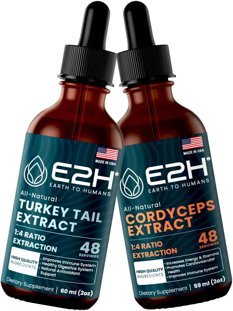 E2H: Estratto di Tail & Cordyceps Turchia - Supporto immunitario, Focus, Memoria, Clarity - Non OGM, Vegan - 2 Fl Oz Ogni (4 Fl Oz Totale) - Bundle