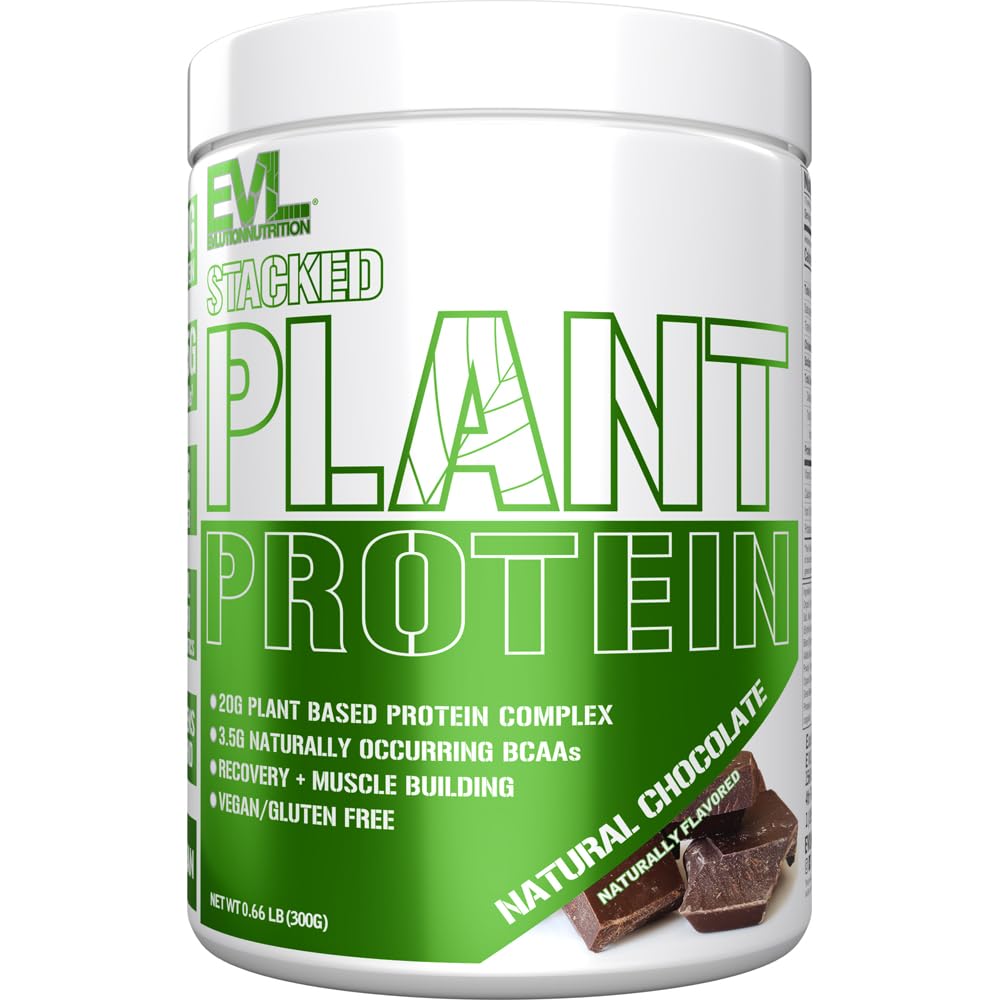 Evlution Nutrition Stacked Plant Protein Powder, Vegan, Non-GMO, Glutenfrei, Probiotics, BCAAs, Fiber, Plant-Based Protein Complex, 300G (Natural Chocolate)