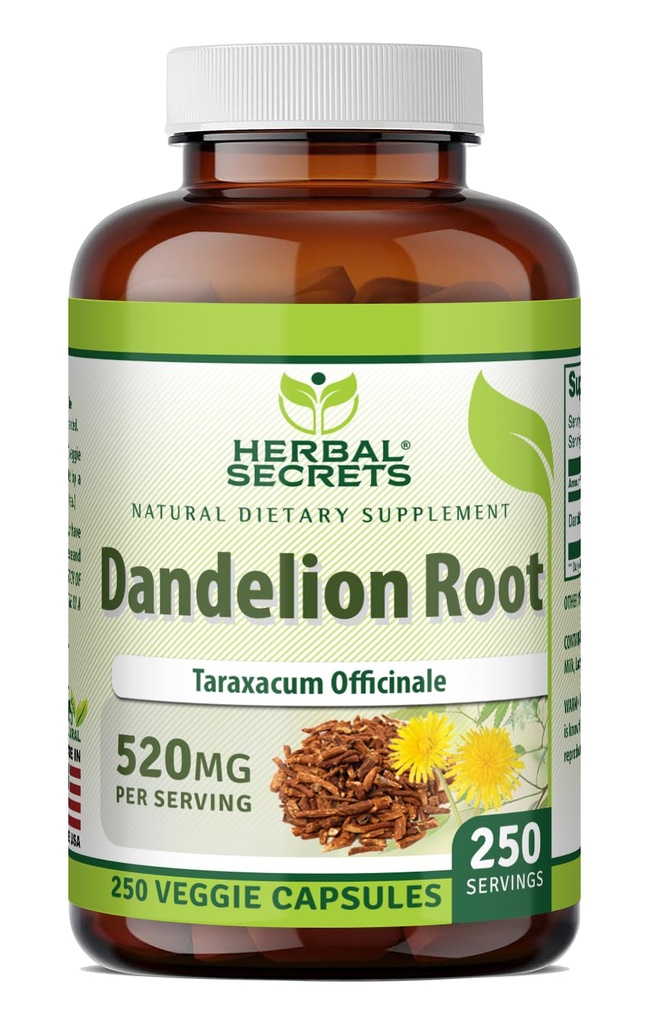 Secrets à base de plantes Racine de dandelion 520 mg Gélules Suppléments de Gluten sans OGM Fabriqué aux États-Unis (250 Nombre)
