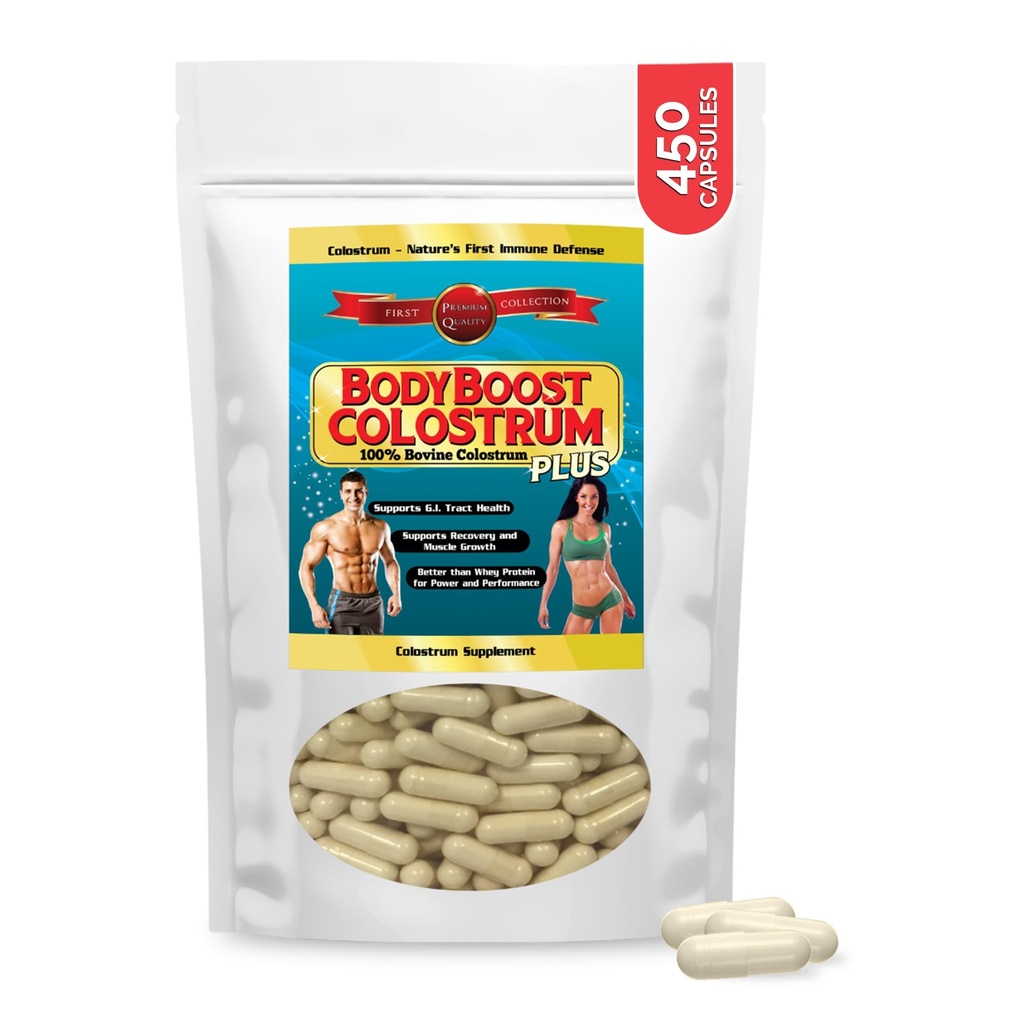 BodyBoost Colostrum Capsules, 100% Bovine Colostrum Powder, Immune Booster Supplement con Immunoglobulina & Lactoferrin, Super Food for Gut Health & Muscle Growth, Diverse Intake, 450 Capsule