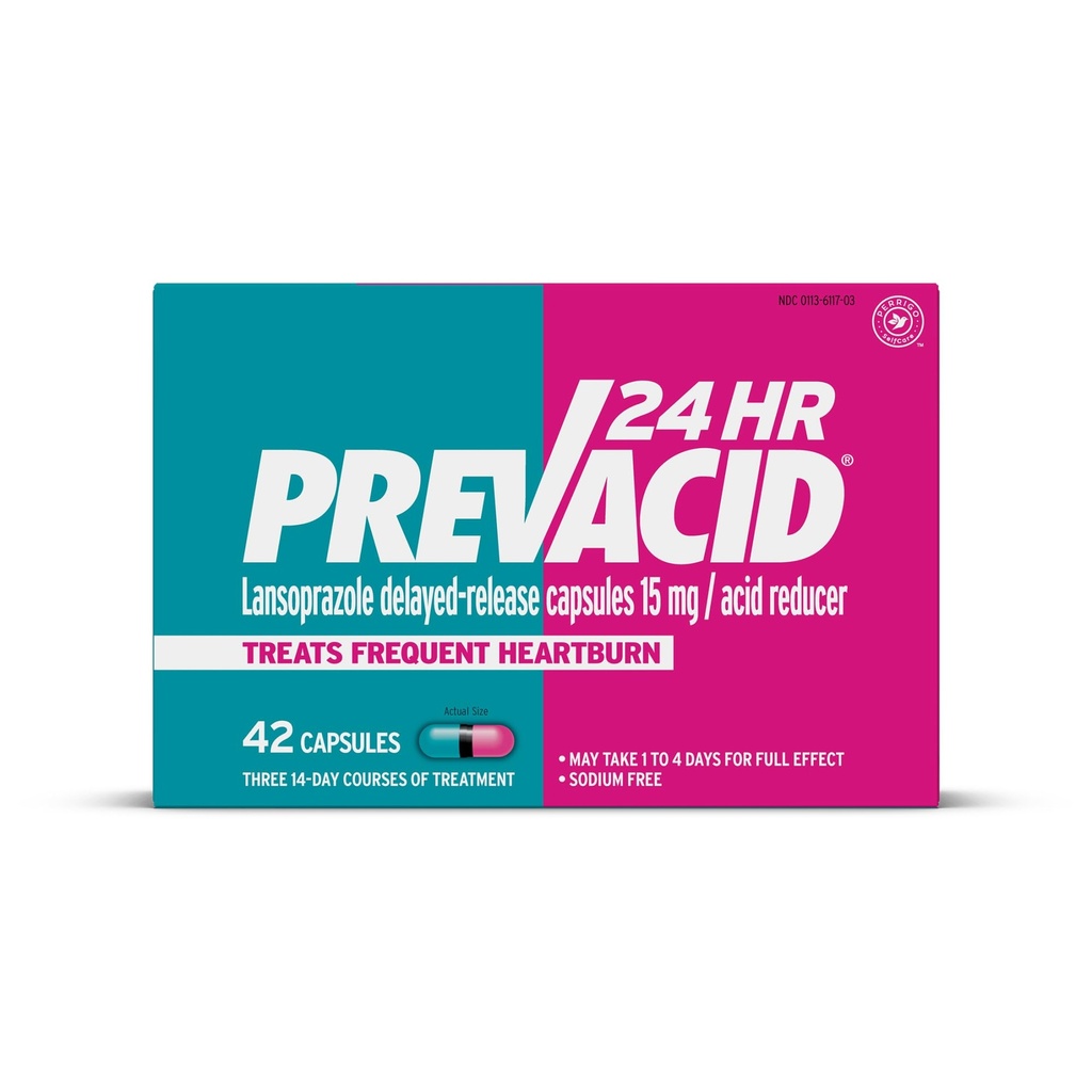 Prevacid 24HR Lansoprazole Capsules de libération retardée, 15 mg/Acid Reducer, Inhibiteur de la pompe à protons (IPP) pour le soulagement des brûlures d'estomac, 42 Compte