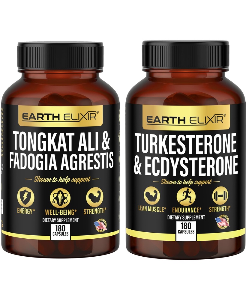 Terra Elixir Fadogia Agrestis 600mg e Tongkat Ali 500mg + Turkesterone1000mg e Ecdysterone 1000mg Forniture (180 capsule) Bundle