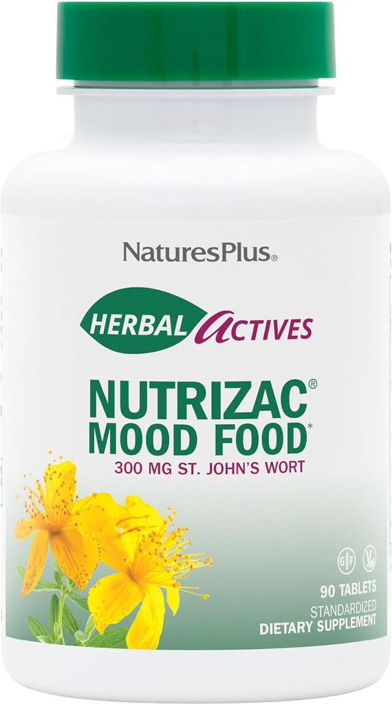 Natures Plus Herbal Actives NutriZAC Mood Food - 300 mg St Johns Wort, 90 Vegan Bi-Layered Tablets - Massima potenza naturale Booster Mood - Vegetariano, senza glutine - 90 Serve