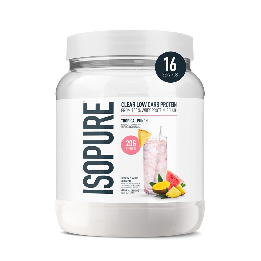 Isopure Polvere di proteine isolate del siero di latte, senza lattosio, senza glutine, aromatizzata naturale, punzona tropicale, 20g Protein Per Serving, 14.1 Oz, 16 Servings (Varina di imballaggio di maggio)