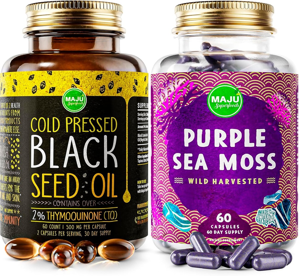 Maju Superfoods Black Seed Oil Capsules et Purple Sea Moss Capsules Bundle