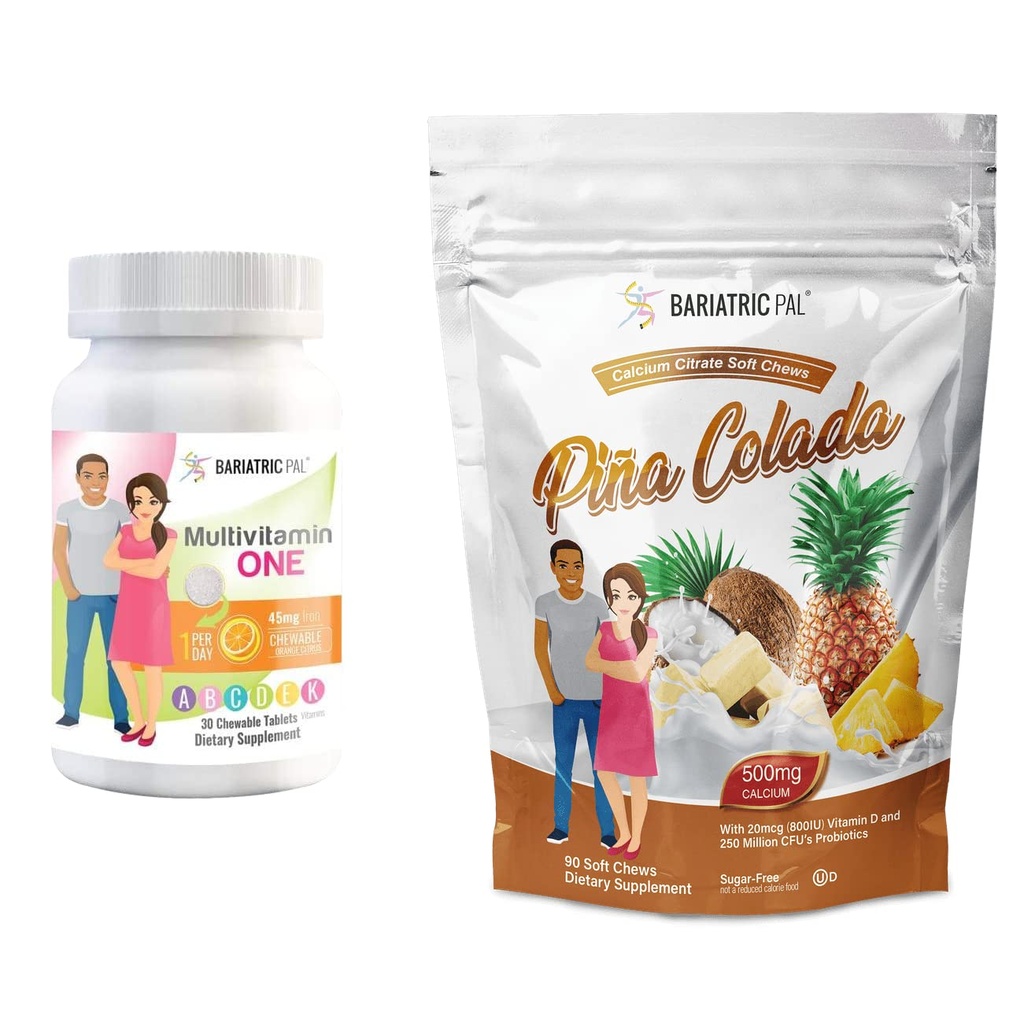 BariatricPal 30-Day Bariatric Vitamin Bundle (Multivitamin ONE 1 al giorno! con 45mg Iron Chewable - Arancione Citrus e Calcium Citrate Soft Chews 500mg con Probiotici - Piña Colada)