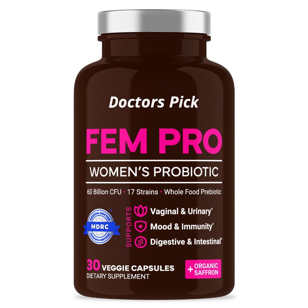 Fem Pro Biotics for Women. 17 Strains cliniquement efficaces pour le soutien vaginal, digestif et immunitaire, la santé urinaire, l'équilibre du pH et l'humeur. Prébiotique biologique, 30 capsules de légumes