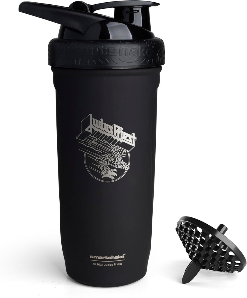 Smartshake Rockband Reforce en acier inoxydable Protein Shaker Bouteille de 900 ml de 30 oz - Vis étanche - Sans BPA - Non isolé – Unisexe (Logo Judas Priest)
