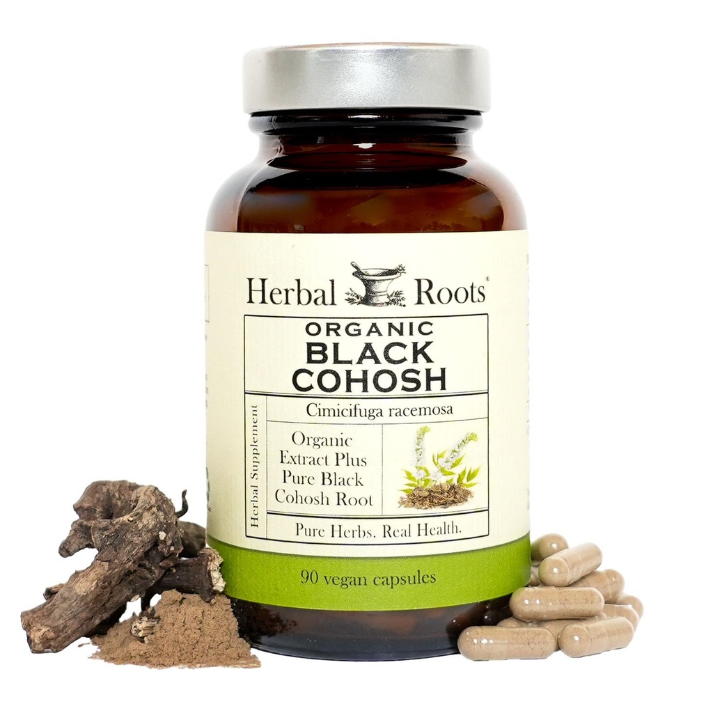 Herbal Roots Organic Black Cohosh Root | Extra Kraft | Menopause und Menstrual Unterstützung für Frauen | 90 Capsules, Vegan