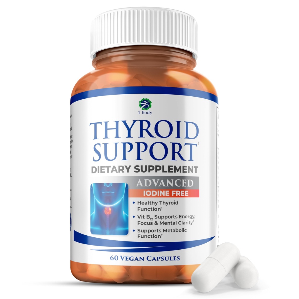 1 supplément de soutien thyroïdien corporel, sans iode, végétalien, avec L-tyrosine et Ashwagandha, 60 capsules