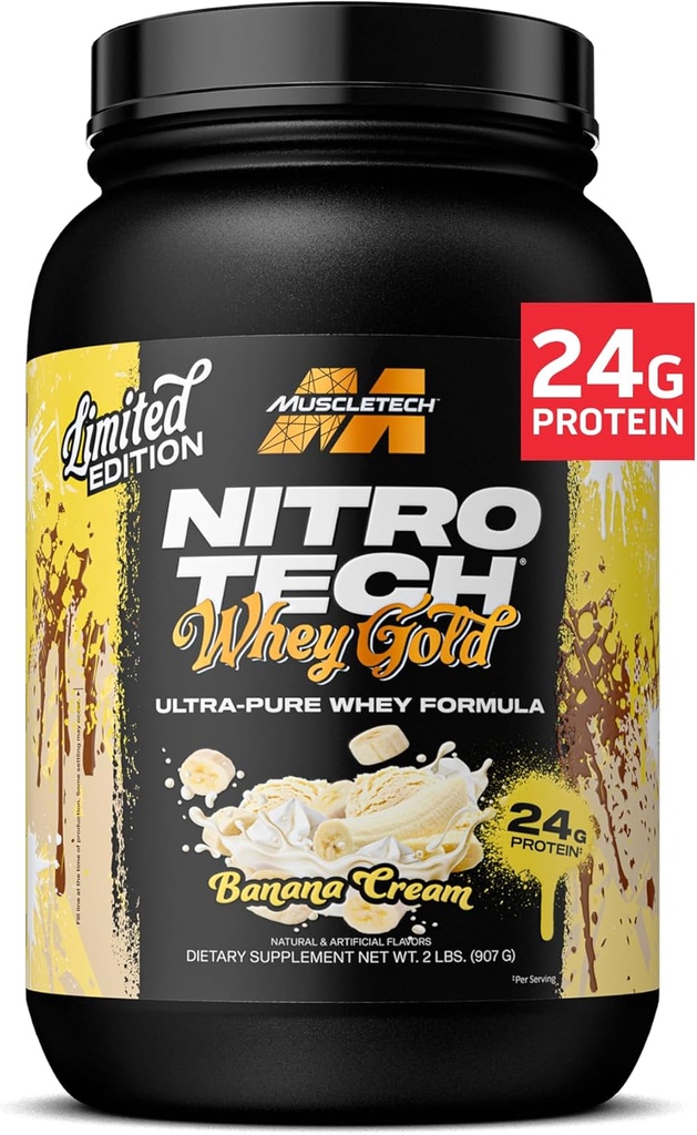 Poudre de protéines de lactosérum de MuscleTech (crème de banane, 2LB) - Mélange de protéines de lactosérum de Nitro-Tech pour le muscle maigre et la récupération rapide - 24g de protéines d'or de lactosérum pour les femmes et les hommes - Sans gluten