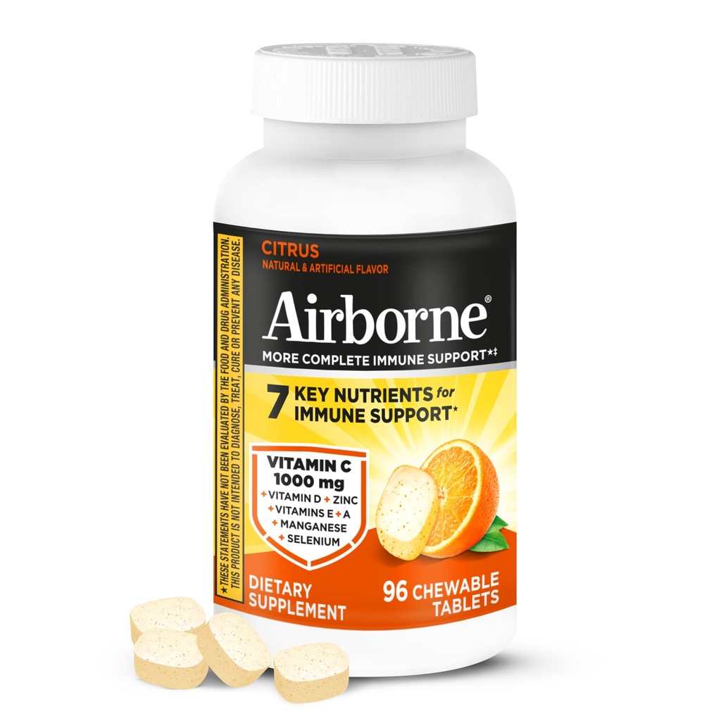 Airborne Vitamin C 1000mg (pro Servieren) - Citrus Kautabletten (96 Count in a Box) - Verpackung Mai Vary