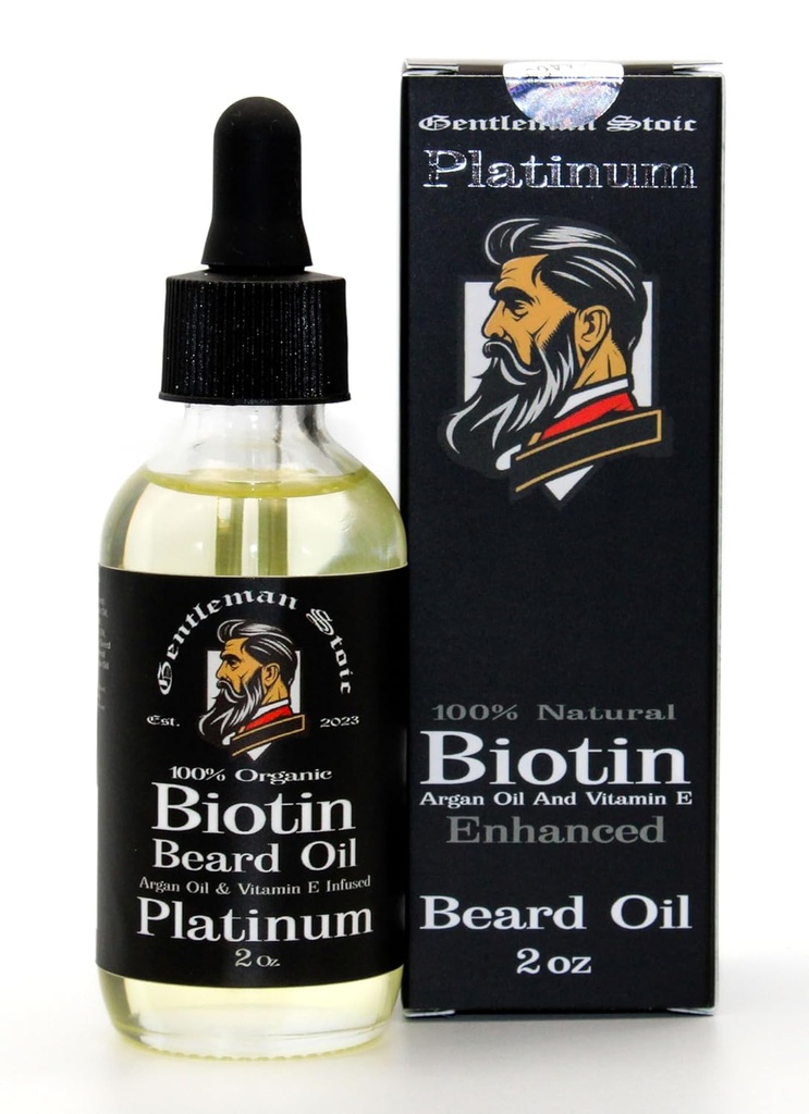 Platinum Bartöl für Männer – Natürliches Biotin Enhanced Beard Growth Oil - Argan & Vitamin E – Erweicht und kontrolliert – Bart Wachstumsöl für Männer - Spiced Vanilla Scent (2oz – Paket von 1)