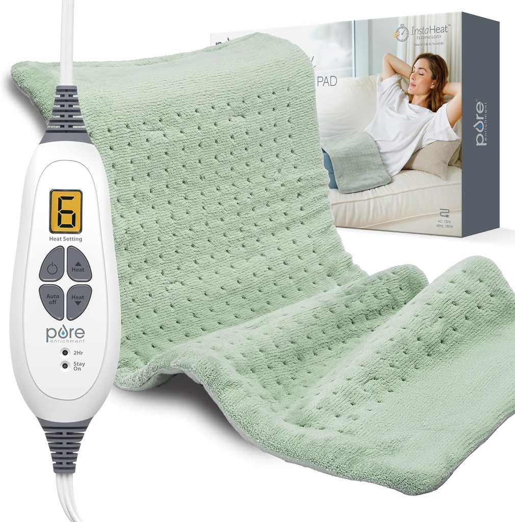 Pure Enrichment PureRelief XL Heizkissen - 12" x 24" Elektroheizkissen für Rückenschmerzen und Krabben, 6 Wärmeeinstellungen, FSA/HSA Eligible, Soft Machine Wash Fabric, Auto-Off & Moist Heat (Zen Green)