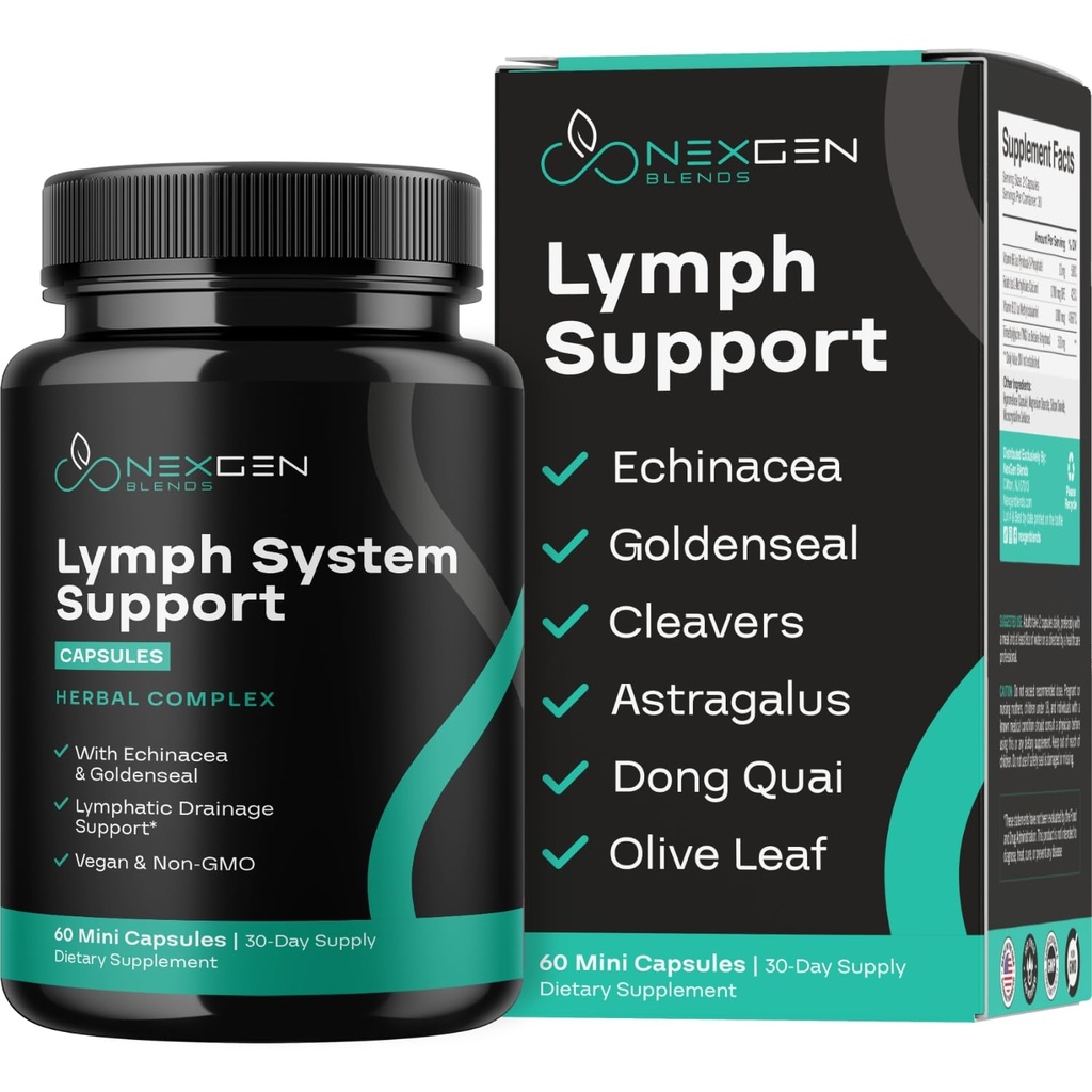 Integratore di supporto del Lymph System Erbale - Complesso di supporto linfatico con Astragalus d'oro Echinacea & Hydroxytyrosol per il drenaggio linfatico & supporto immunitario - Vegan Non-GMO Gluten Free (1 mese)