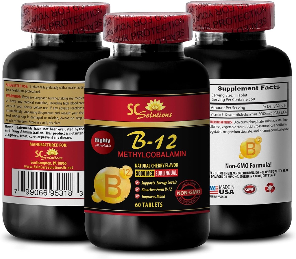 b12 mit Methylcobalamin - METHYLCOBALAMIN VITAMIN B-12 5000 - Anti-Alter-Vitamine für Frauen, Energie ergänzt Pulver Pille, Energie-Vitamine für Frauen über 50, Ausdauer - 1 Flasche 60 Tabs