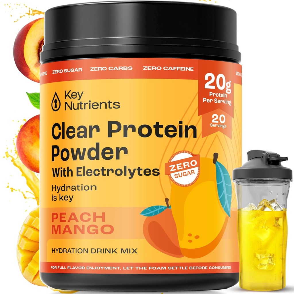 KEY NUTRIENTS Multivitamin Elektrolyte Pulver Kein Zucker - Peach Mango Elektrolyt Pulver - Endurance & Energy Supplement - Hydration Pulver - Keine Kalorien - 20 Portionen - (Peach Mango + Protein Pulver)