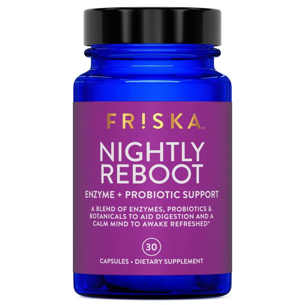 FRISKA Nightly Reboot Enzyme und Probiotics Supplement, fördert bessere Verdauung und Schlaf, unterstützt Gut Gesundheit für Männer und Frauen, Melatonin, Kamille, 30 Kapseln