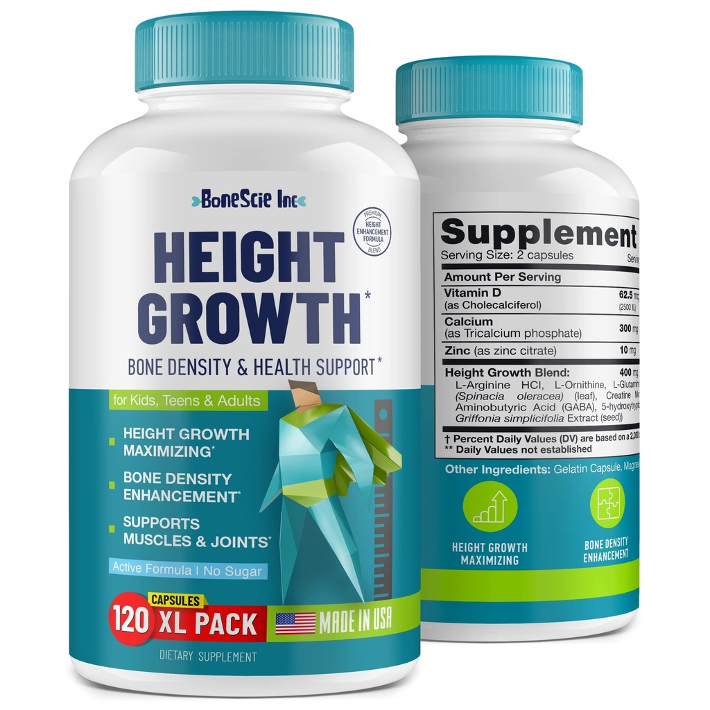 Maximiser la croissance en hauteur - Fabriqué aux États-Unis - Natural Height Augment Booster & Bone Grow Grow Taller Supplément pour adultes, adolescents et enfants - Vitamines pour les garçons et les filles à Get Taller - 120 capsules