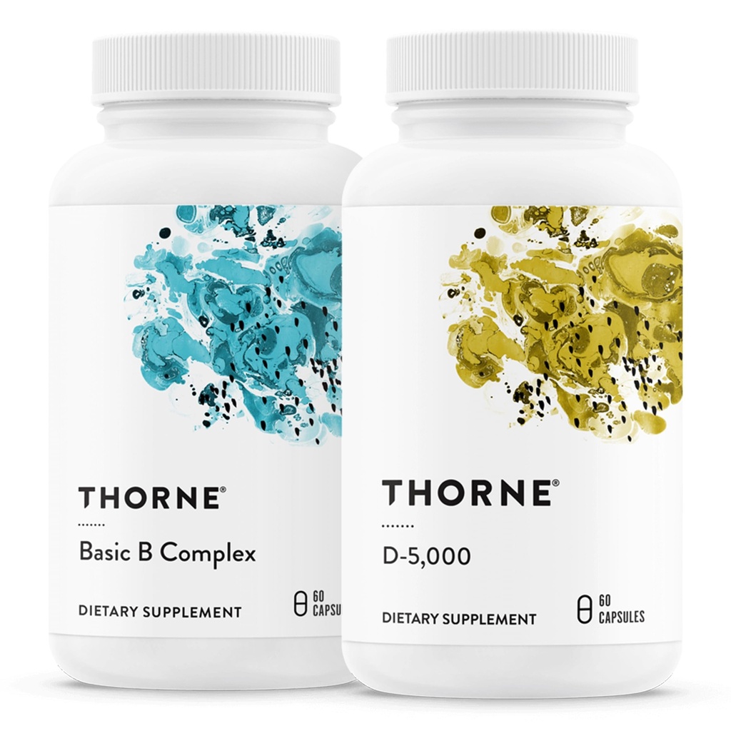 THORNE - Complexe B de base (60 gélules) et vitamine D-5000 (60 gélules) - Supporte la production d'énergie cellulaire, la santé cérébrale et les os sains - Gluten, laiterie et sans soja