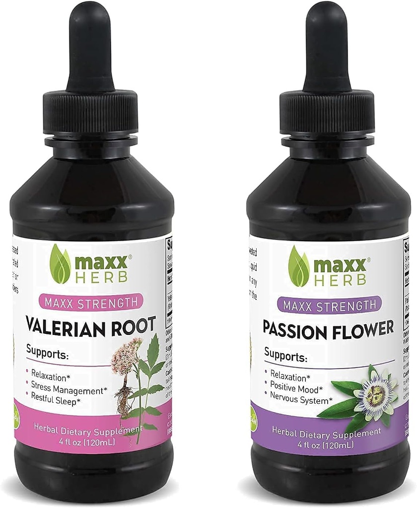 Meilleur ensemble de sommeil - Extrait de fleur de passion Maxx Herb + Extrait de racine valériane - pour la relaxation et la gestion du stress, sans alcool - (1 Chaque) 4 Oz bouteille (60 portions)