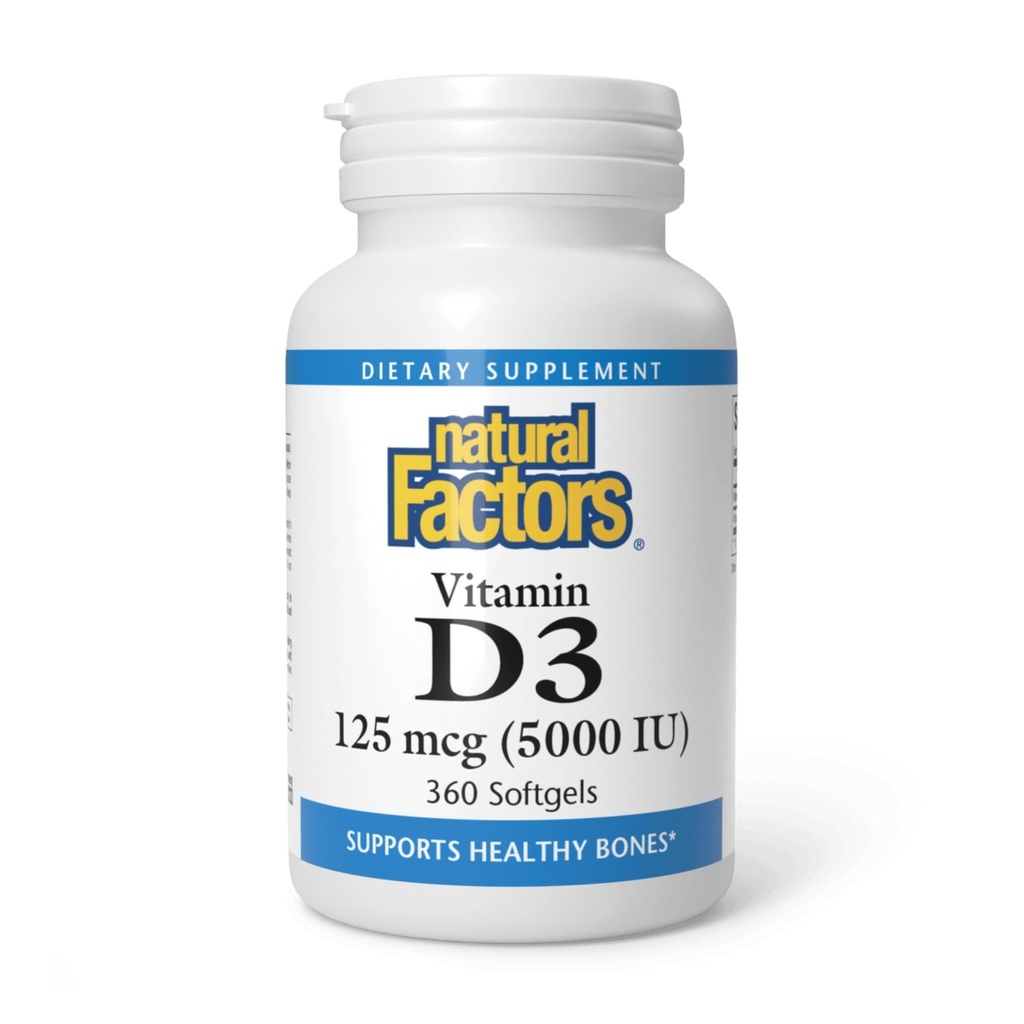 Facteurs naturels, vitamine D3 5000 UI (125 mcg), soutient les os forts, les muscles et la fonction immunitaire, 360 Softgels