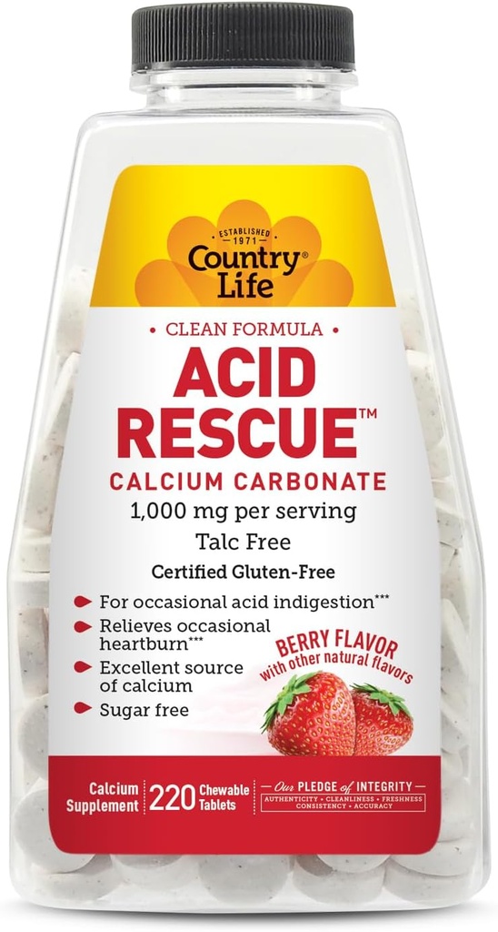 Tavole a base di acido di vita di campagna - Certified Vegan & Gluten-Free Heartburn Relief, 400mg Calcium & Magnesium, Non OGM, Zucchero-Free Mint Flavor, Supporta la salute di ossa, 220 Conte