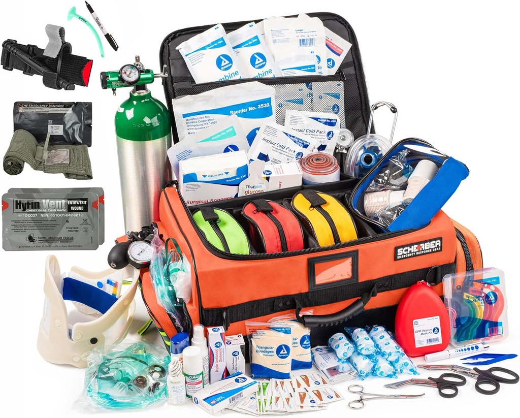 Scherber Fully-Stocked Premium First Responder Bag | HSA/FSA approvato | Large Pro EMT/EMS Trauma, Bleeding & Oxygen Medical Kit | CAT Tourniquet, HyFin Chest Seal & 260+ First Aid Supplies (Orange)