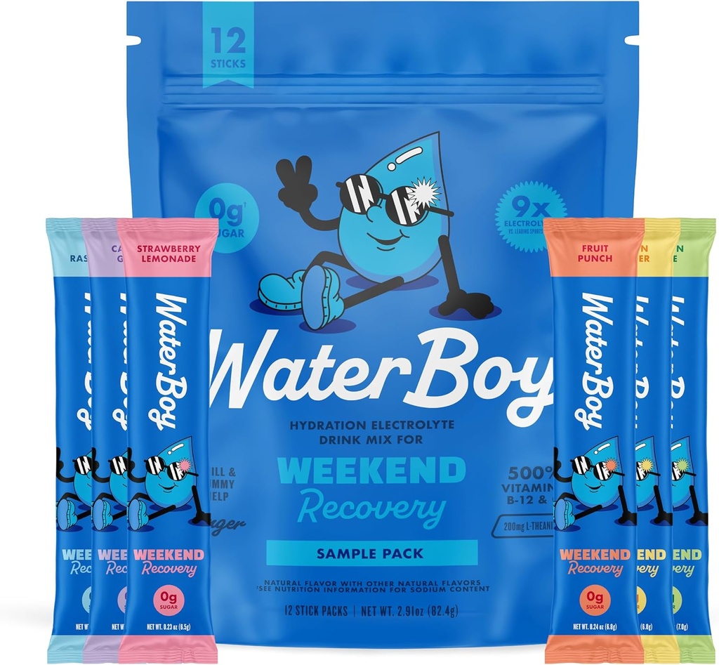 Waterboy Weekend Recovery Sample Pack | 3,200mg Electrolyte Powder Packets | Ginger + L-Theanine + Vitamine | No Sugar, All Natural, Gluten Free | 12 Drink Stick Mixs (Sample Pack)