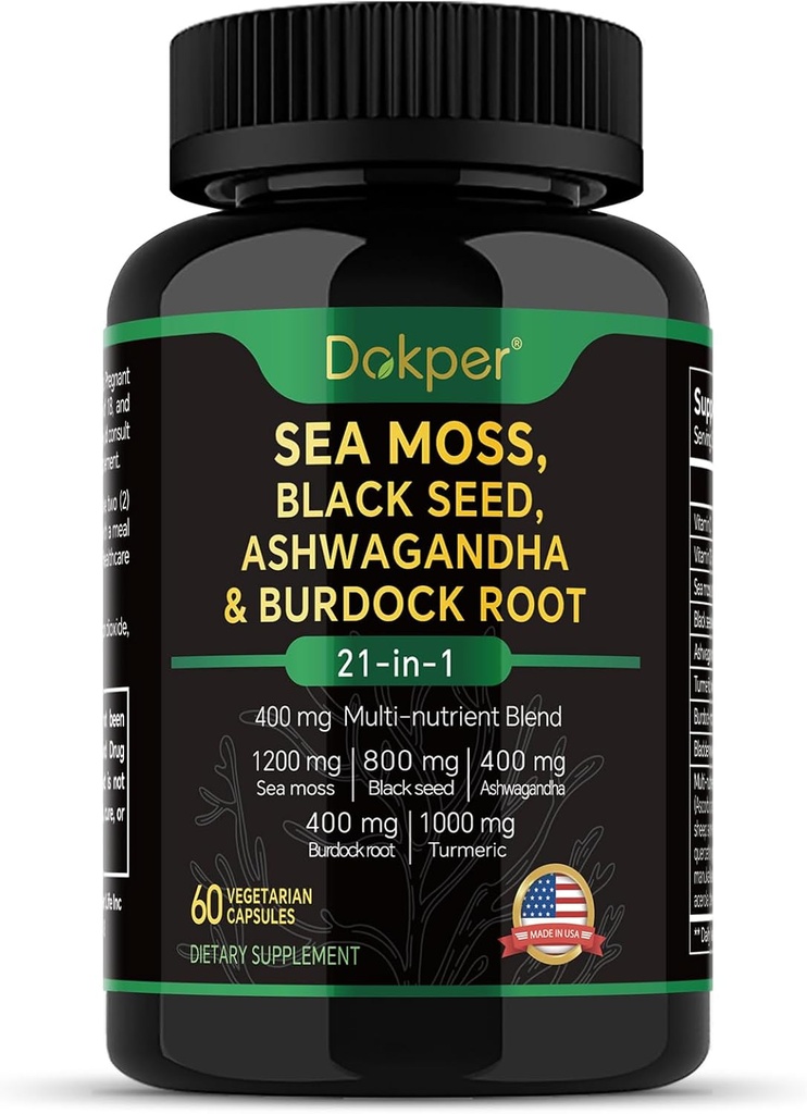 Moss, Ashwagandha, Supplément huile de graines noires, vitamine C et D3 avec curcuma, Bladderwrack & Burdock Root, soutien à base de plantes naturelles pour les hommes et les femmes 60 capsules, compléments alimentaires, pack de 1