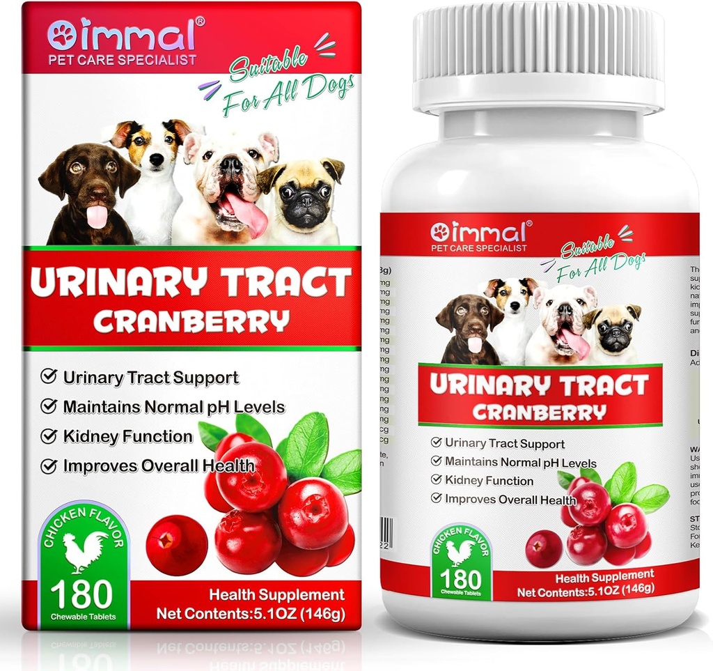 Canneberge pour chiens, 180P Comprimés urinaires de canneberge pour chiens - Supports Infection à la vésicule, Tract urinaire, Pierre vésiculeuse et chien UTI, Supplément pour animaux de compagnie pour chiens, Arôme de poulet - 180P Comprimés à croquer