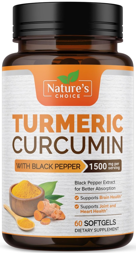 Kurkumenische Curcumin Ergänzung 1500mg - BioPerine Black Pepper Extract Advanced Absorption Curcuminoids for Nature's Joint Support - Antioxidante Kräuterergänzung für Damen und Herren, Non-GMO - 60 Softgels
