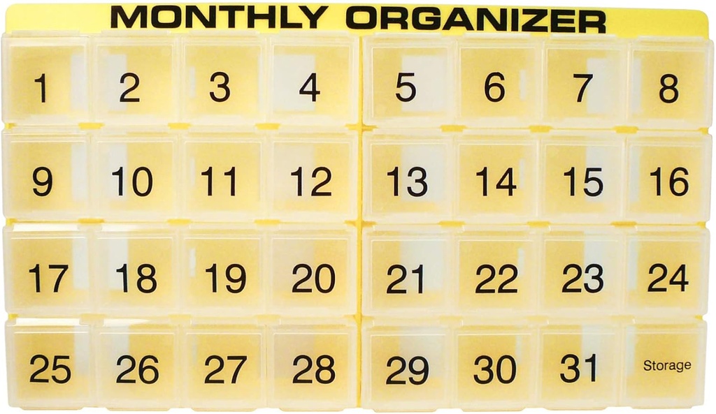 31 scomparti, 1 al giorno, 4 settimane organizzatore mensile di Promed. Include Vassoio e 8 scomparti rimovibili. (Yellow)