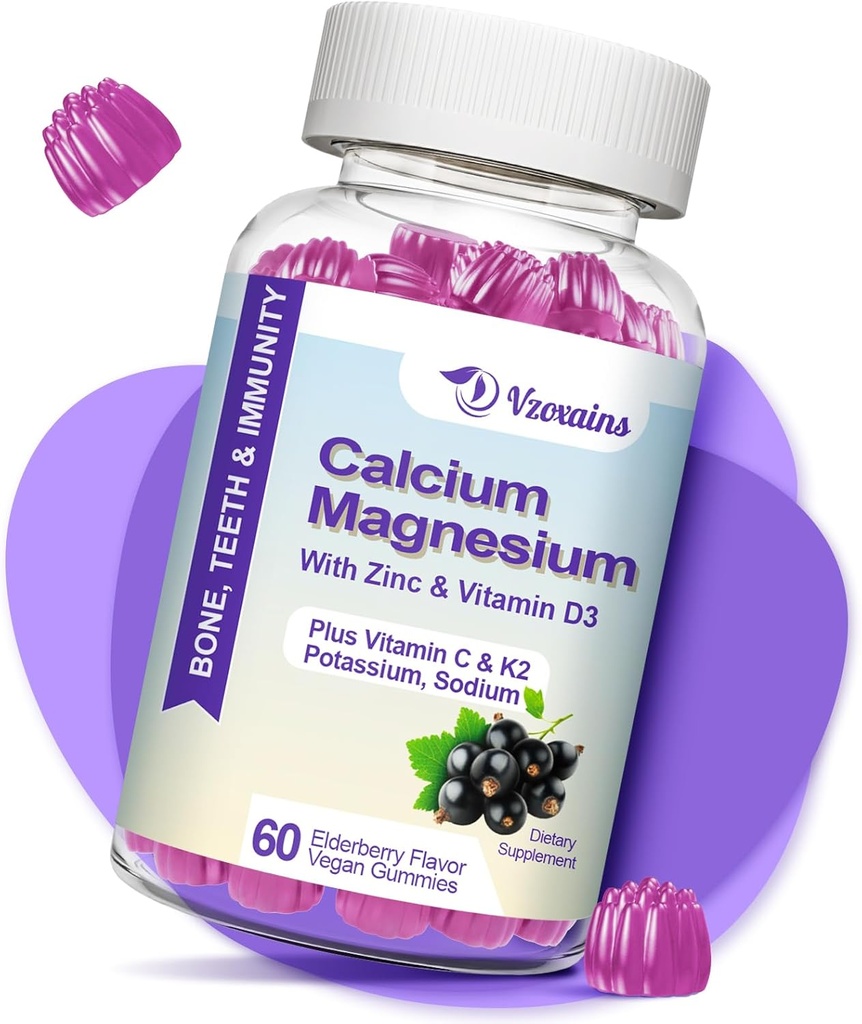 Gommies de calcium à absorption élevée, supplément de magnésium de calcium sans sucre avec vitamine de potassium D3 pour B0ne et les dents Force, fonction musculaire - végétalien, saveur de mûrier 60 Cts