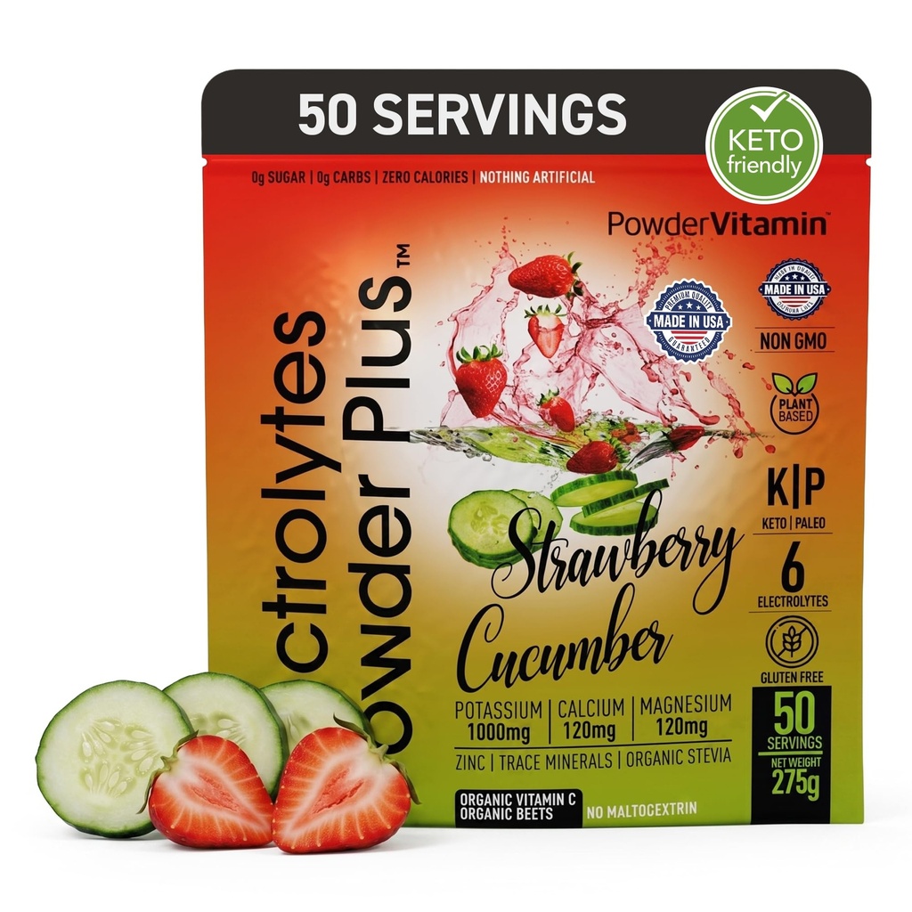 Elektrolyte Pulver Plus (50 Portionen), 0 Calorie Keto, 0 Zucker, kein Maltodextrin, 1000mg Kalium, 120mg Calcium, 120mg Magnesium, Hydration Pulver (50 Portionen, Erdbeere Cucumber)
