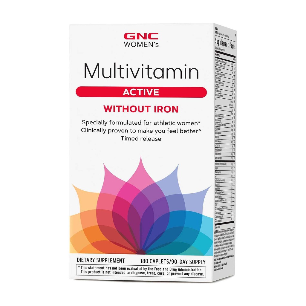GNC Multivitaminico femminile attivo senza ferro, Supporta uno stile di vita attivo, 30+ Formula Nutriente, promuove la salute comune, aiuta la produzione di energia, 180 Caplets