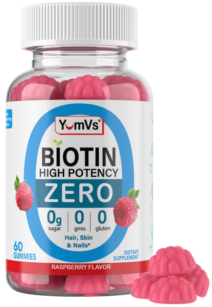 Biotin Gummis Sugar Free – 5.000 mcg High Potency Biotin für Haare, Haut und Nägel – Zero Sugar, Non-GMO, Glutenfrei, Vegan Raspberry Gummis – 60 Count