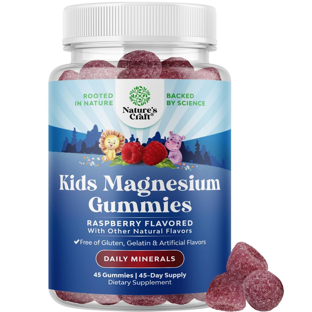 Gummies Magnésium pour enfants - Supplément de Mg pour la détente et l'arôme de framboise - Supplément de Magnésium pour les muscles de la santé nerveuse et le soutien cardiaque - Gummies Mag Citrate - 45 Count Pack