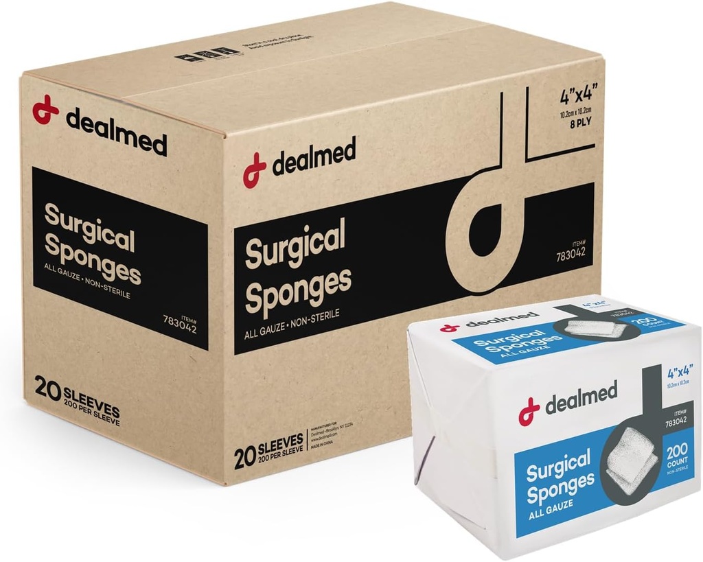 Eponges chirurgicales de 4 po x 4 po, 8 ply, éponges de jauge absorbante non tissées pour les blessures, trousses de premiers soins et installations médicales, 200 comtes (cas de 20)