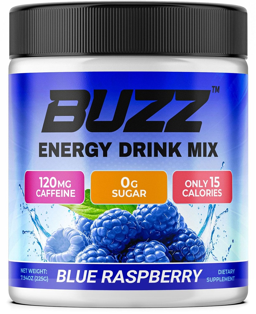 Mattina Buzz Energy Drink Powder - Energy Boost Drink Mix - Energia senza zucchero con antiossidanti - Morning Kickstart e Sport Nutrition Endurance Prodotto - 30 Serve, Blue Raspberry, 8 once