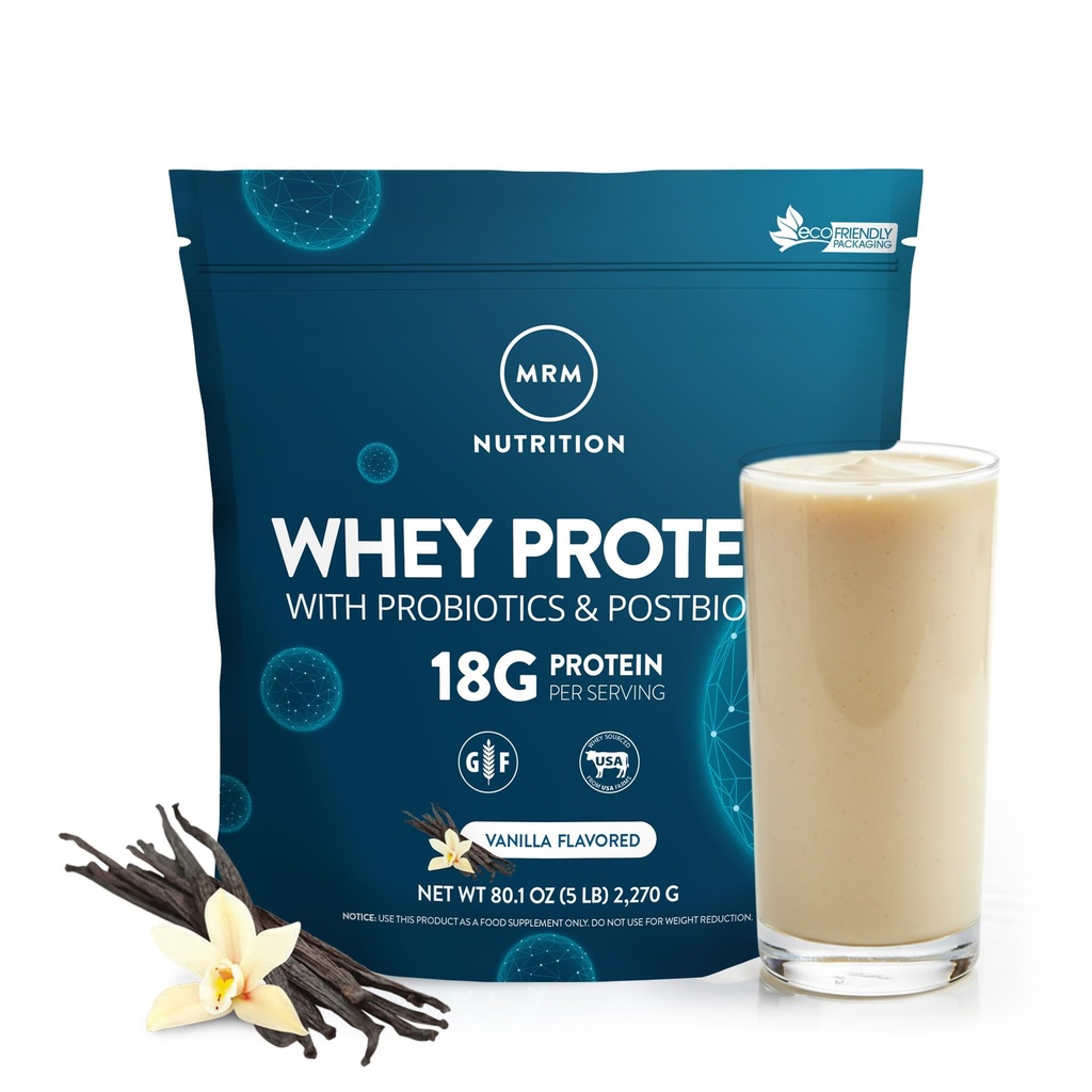 MRM Nutrition Whey Protein - Vanilla Flavored, Microfiltered Whey Protein Isolate & Concentrate, 16 Different Probiotic Strains, BCAAs, & Digestive Enzymes, Gluten Free, for Women & Men - 85 Servings