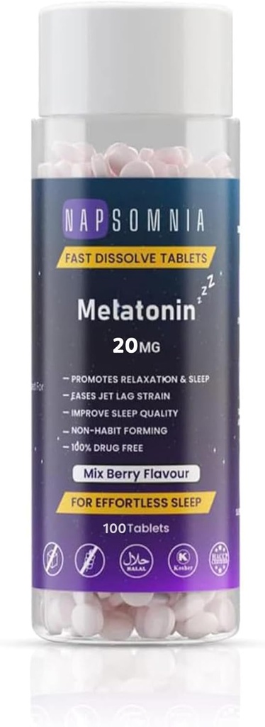 Melatonin compresse dissolvere veloci – Miscela Melatonina Chewable Tablets - Non-Habit-Forming Melatonin Sleep Aid for Adults - Zucchero Melatonin Compresse per il sonno riposante | 20 MG (100)