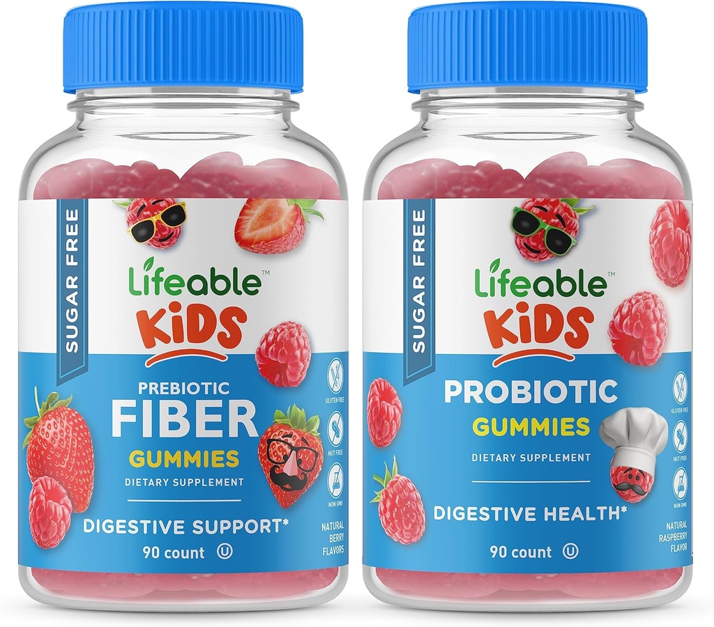 Lifeable Sugar Free Preciotic Fiber Kids + Probiotic + Prebiotic Fiber Kids, Gummis Bundle - Große Verkostung, Vitamin Supplement, Glutenfrei, GMO frei, Kaugummi