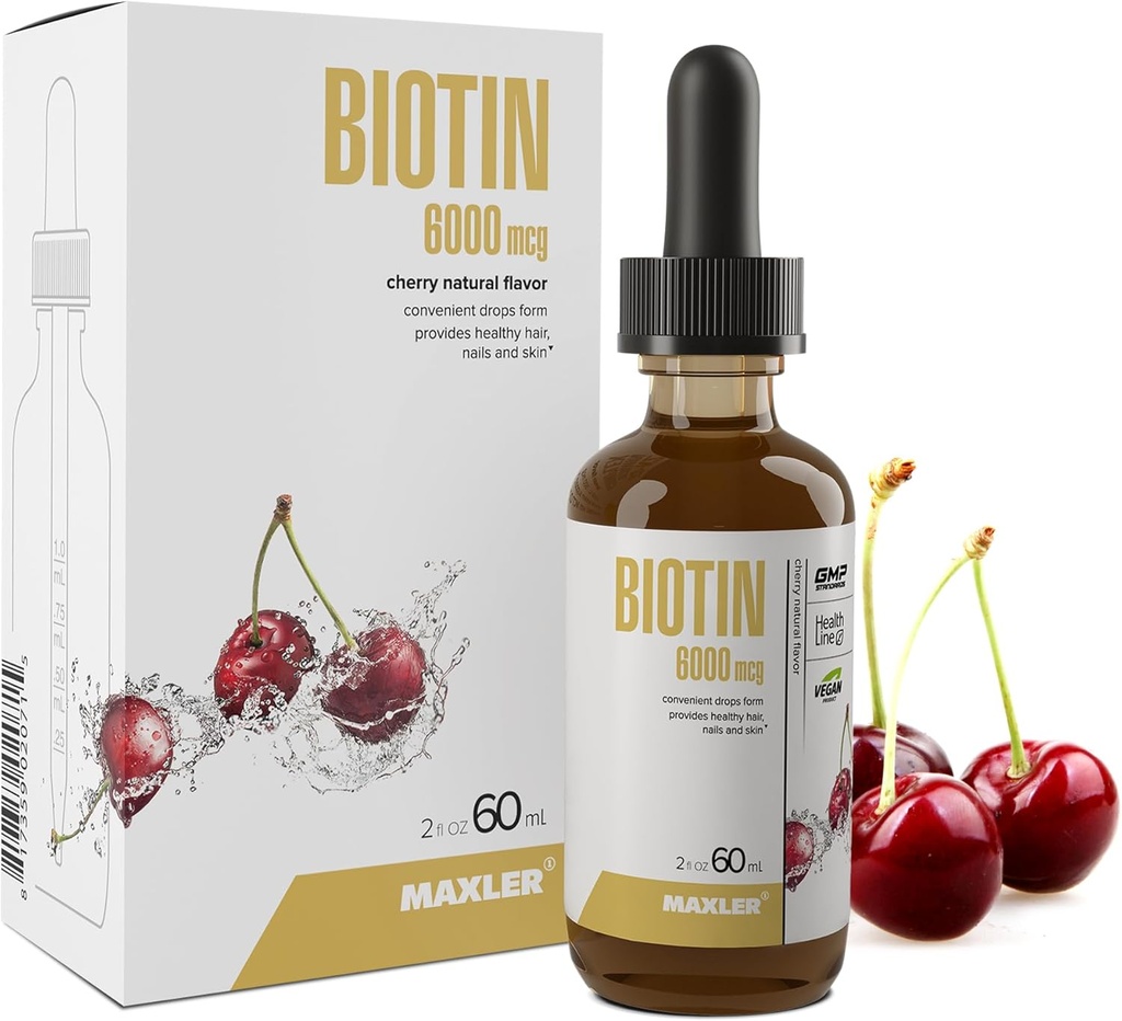 Maxler Liquid Biotin Drops - Vegan Biotin Vitamine für Haar Haut und Nägel - Biotin Ergänzung für Stoffwechsel von Kohlenhydraten, Proteinen & Fette - 6000mcg Biotin Liquid Per Serving - Kirsche Flavor